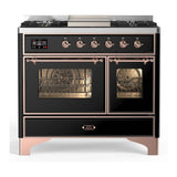 ILVE UMD40FNR3BKP Majestic III 40 inch Dual Fuel Range with 6 Burners and Griddle, Dual Function Burner up to 25,000 BTU (Natural Gas, Triple Glass Door, Glossy Black, Copper)