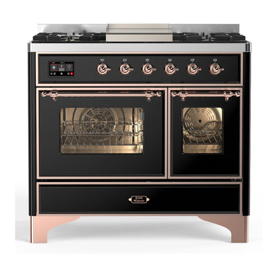 ILVE UMD40FNR3BKP Majestic III 40 inch Dual Fuel Range with 6 Burners and Griddle, Dual Function Burner up to 25,000 BTU (Natural Gas, Triple Glass Door, Glossy Black, Copper)