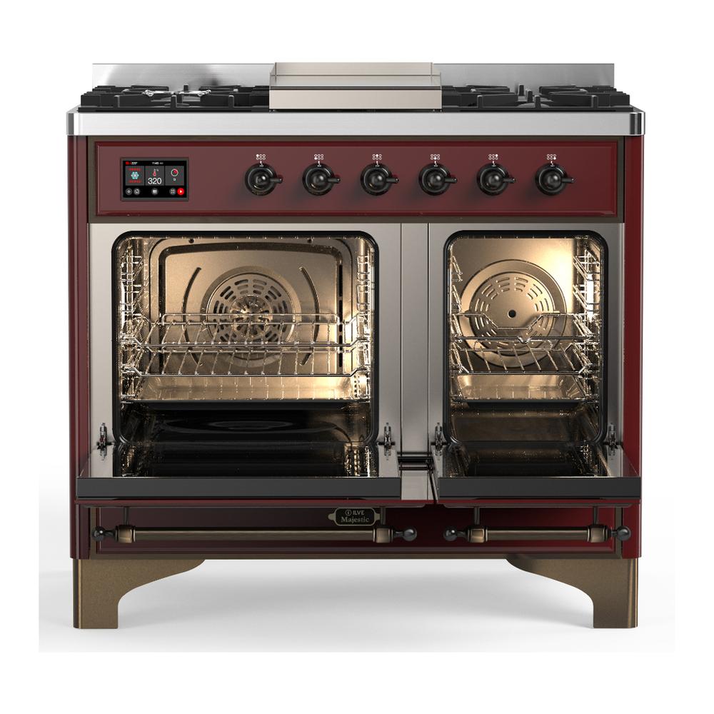 ILVE UMD40FQNR3BUBLP Majestic III 40 inch Dual Fuel Range with 6 Burners and Griddle, Dual Function Burner up to 25,000 BTU (Liquid Propane, Solid Door, Burgundy, Burnished)