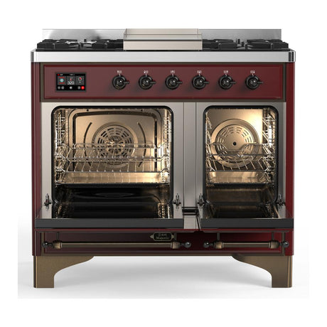 ILVE UMD40FQNR3BUBLP Majestic III 40 inch Dual Fuel Range with 6 Burners and Griddle, Dual Function Burner up to 25,000 BTU (Liquid Propane, Solid Door, Burgundy, Burnished)