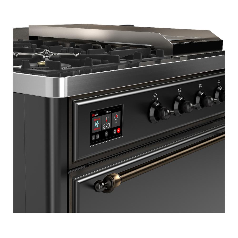 ILVE UM48FSQNR3MGBLP Majestic III 48 inch Dual Fuel Range with 5 Black Brass Burners, Griddle and French Top, Dual Function Burner up to 25,000 BTU (Liquid Propane, Solid Door, Graphite Matte, Burnished)