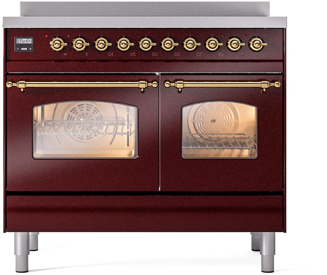 Nostalgie II 40 Inch Electric Freestanding Range in Burgundy with Brass Trim