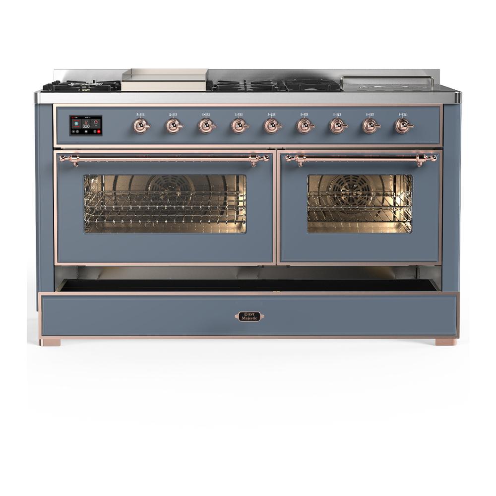 ILVE UM60FSNR3BGP Majestic III 60 inch Dual Fuel Range with 7 Burners, Griddle and French Top, Dual Function Burner with up to 25,000 BTU (Natural Gas, Triple Glass Door, Blue Grey, Copper)