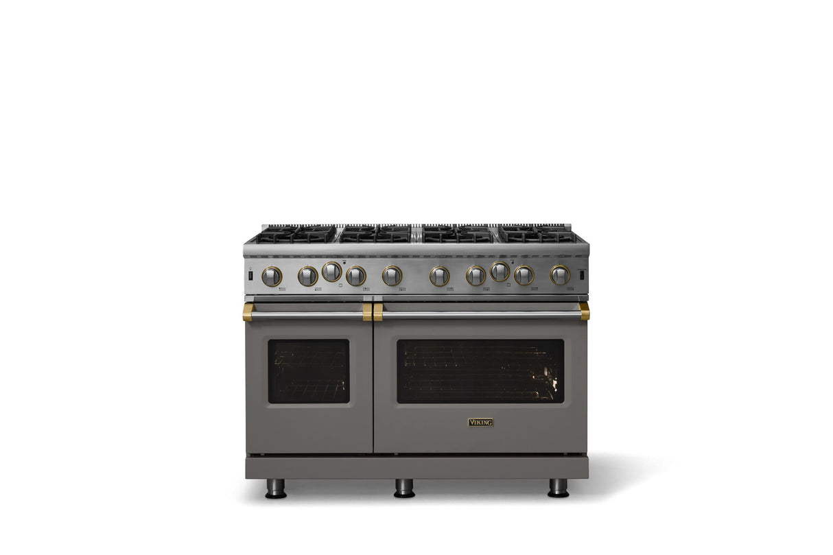 48"W. Open Burner Gas Range (Finish: Damascus Gray, Trim: Brushed Brass, Fuel: Propane)