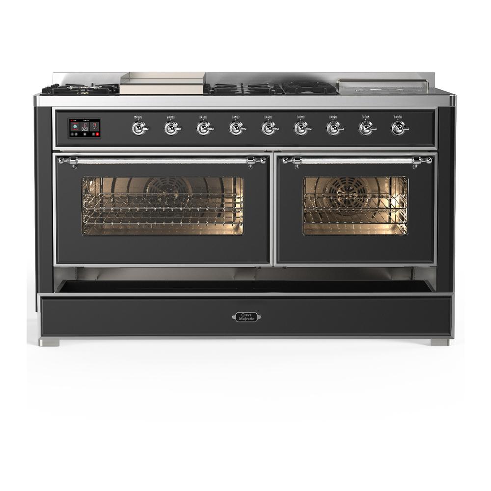 ILVE UM60FSNR3MGC Majestic III 60 inch Dual Fuel Range with 7 Burners, Griddle and French Top, Dual Function Burner with up to 25,000 BTU (Natural Gas, Triple Glass Door, Graphite Matte, Chrome)