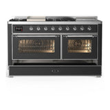 ILVE UM60FSNR3MGC Majestic III 60 inch Dual Fuel Range with 7 Burners, Griddle and French Top, Dual Function Burner with up to 25,000 BTU (Natural Gas, Triple Glass Door, Graphite Matte, Chrome)
