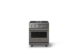 30"W. Open Burner Gas Range (Finish: Damascus Gray, Trim: Brushed Brass, Fuel: Propane)
