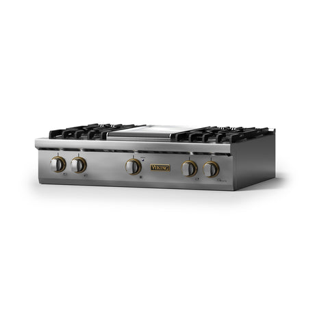 36"W. Gas Rangetop (Burner: 4g, Finish: Stainless Steel, Trim: Brushed Brass, Fuel: Propane)