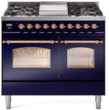 Nostalgie II 40 Inch Dual Fuel Natural Gas Freestanding Range in Blue with Copper Trim