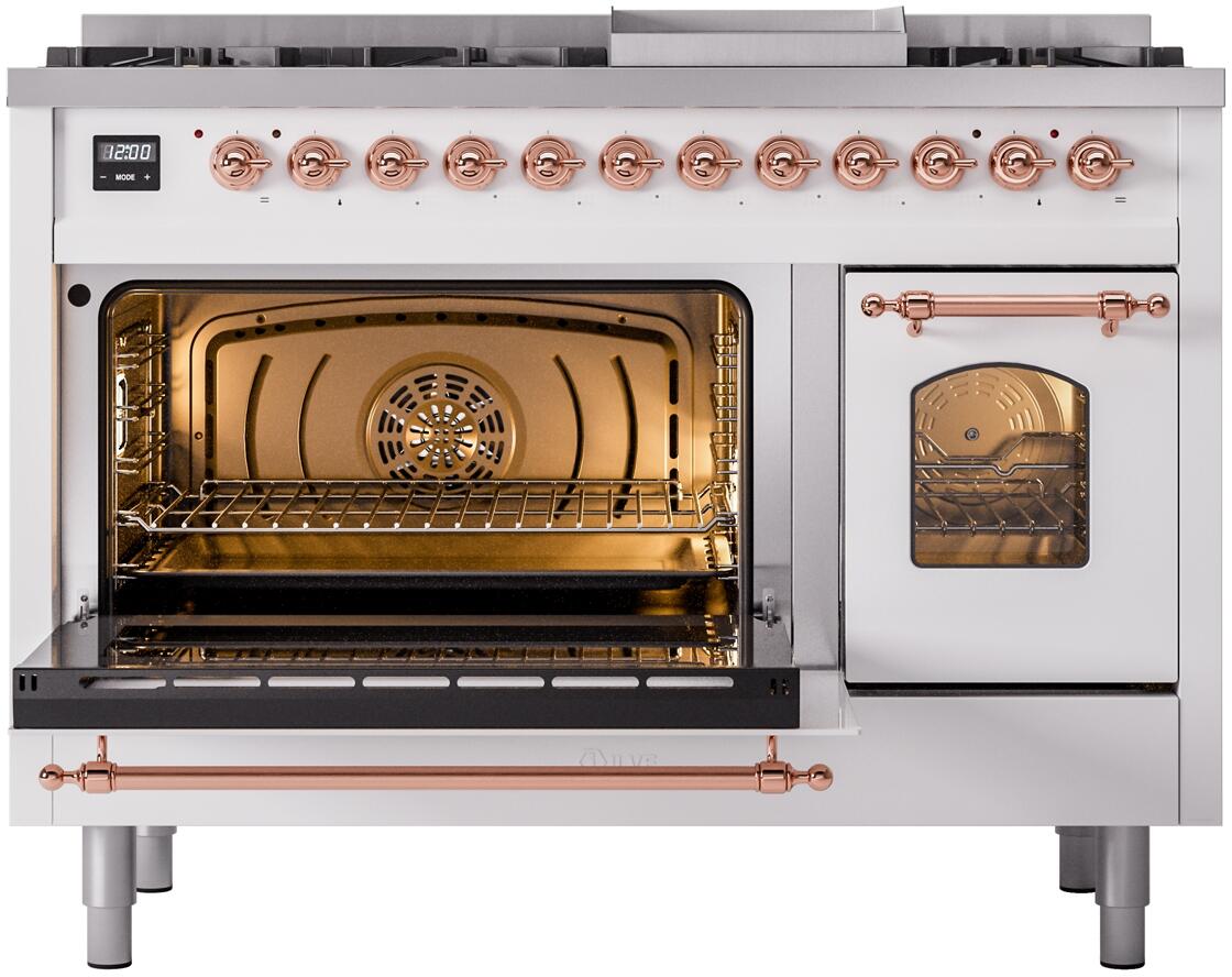 Nostalgie II 48 Inch Dual Fuel Natural Gas Freestanding Range in White with Copper Trim