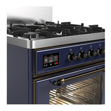 ILVE UM30NR3MBB Majestic III 30 inch Dual Fuel Range with 5 Black Brass Burners, Dual Function Burner up to 25,000 BTU (Natural Gas, Triple Glass Door, Midnight Blue, Burnished)