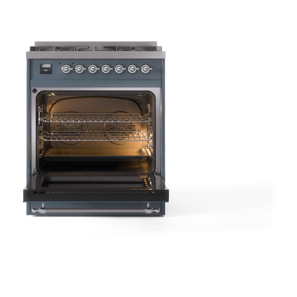 ILVE UN30NMPBGC Nostalgie II Noblesse 30 inch Dual Fuel Range (Natural Gas, Triple Glass Door, Blue Grey, Chrome)