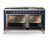 ILVE UM60FNR3MBPLP Majestic III 60 inch Dual Fuel Range with 9 Burners and Griddle, Dual Function Burner up to 25,000 BTU (Liquid Propane, Triple Glass Door, Midnight Blue, Copper)