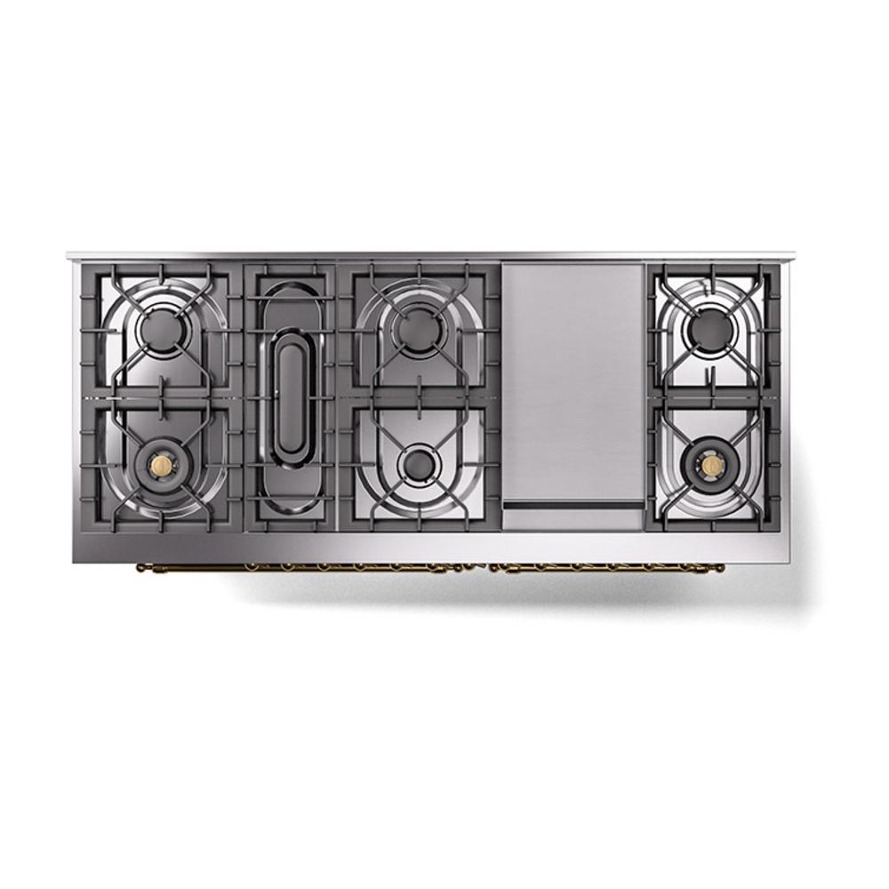 ILVE UN60FQNMPSSG Nostalgie II Noblesse 60 inch Dual Fuel Range (9 Sealed Burners + Griddle, Natural Gas, Solid Door, Stainless Steel, Brass)