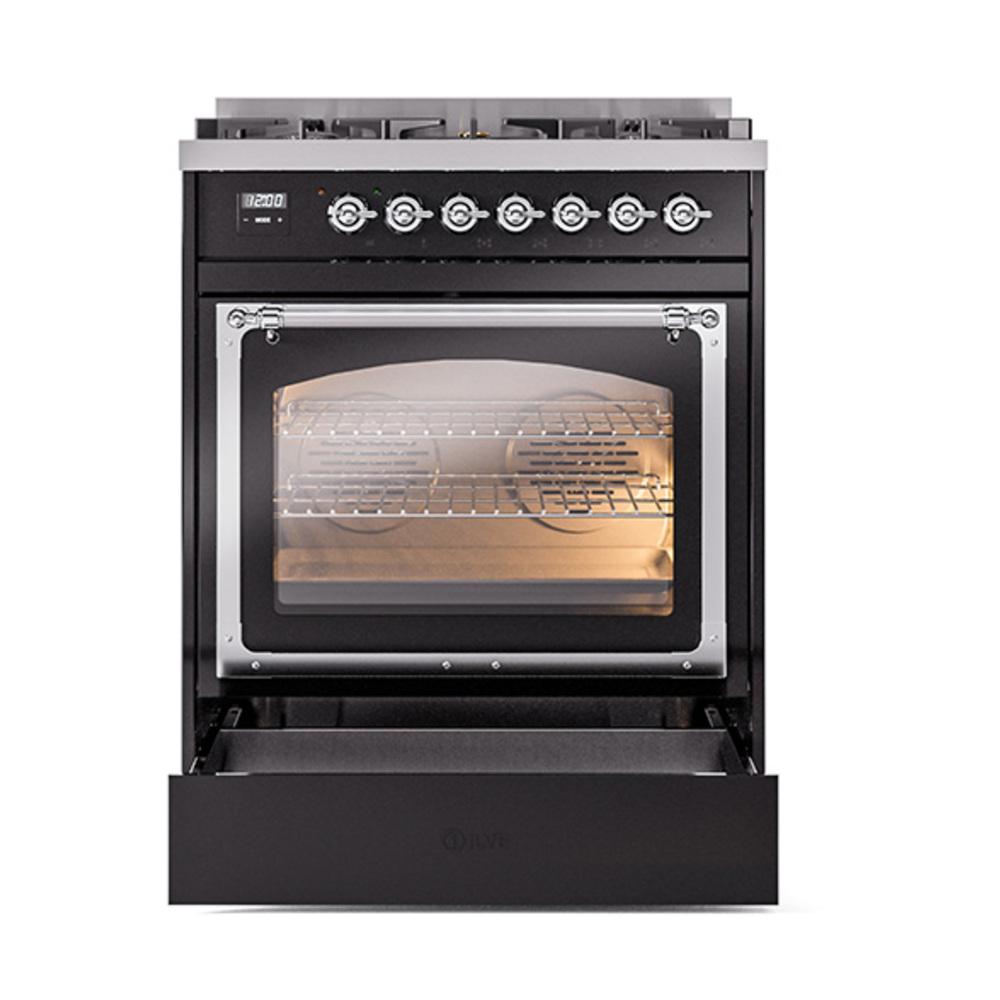 ILVE UN30NMPBKCLP Nostalgie II Noblesse 30 inch Dual Fuel Range (Liquid Propane, Triple Glass Door, Glossy Black, Chrome)
