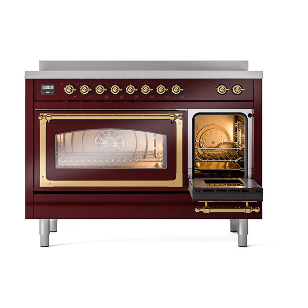 ILVE UNI486NMPBUG Nostalgie II Noblesse 48 inch Induction Range (Triple Glass Door, Burgundy, Brass)