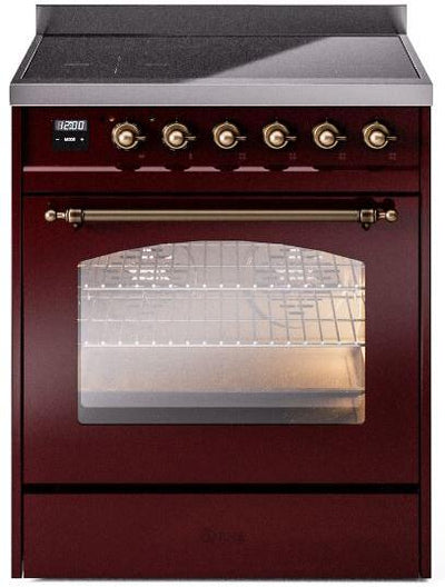 Nostalgie II 30 Inch Electric Freestanding Range in Burgundy with Bronze Trim