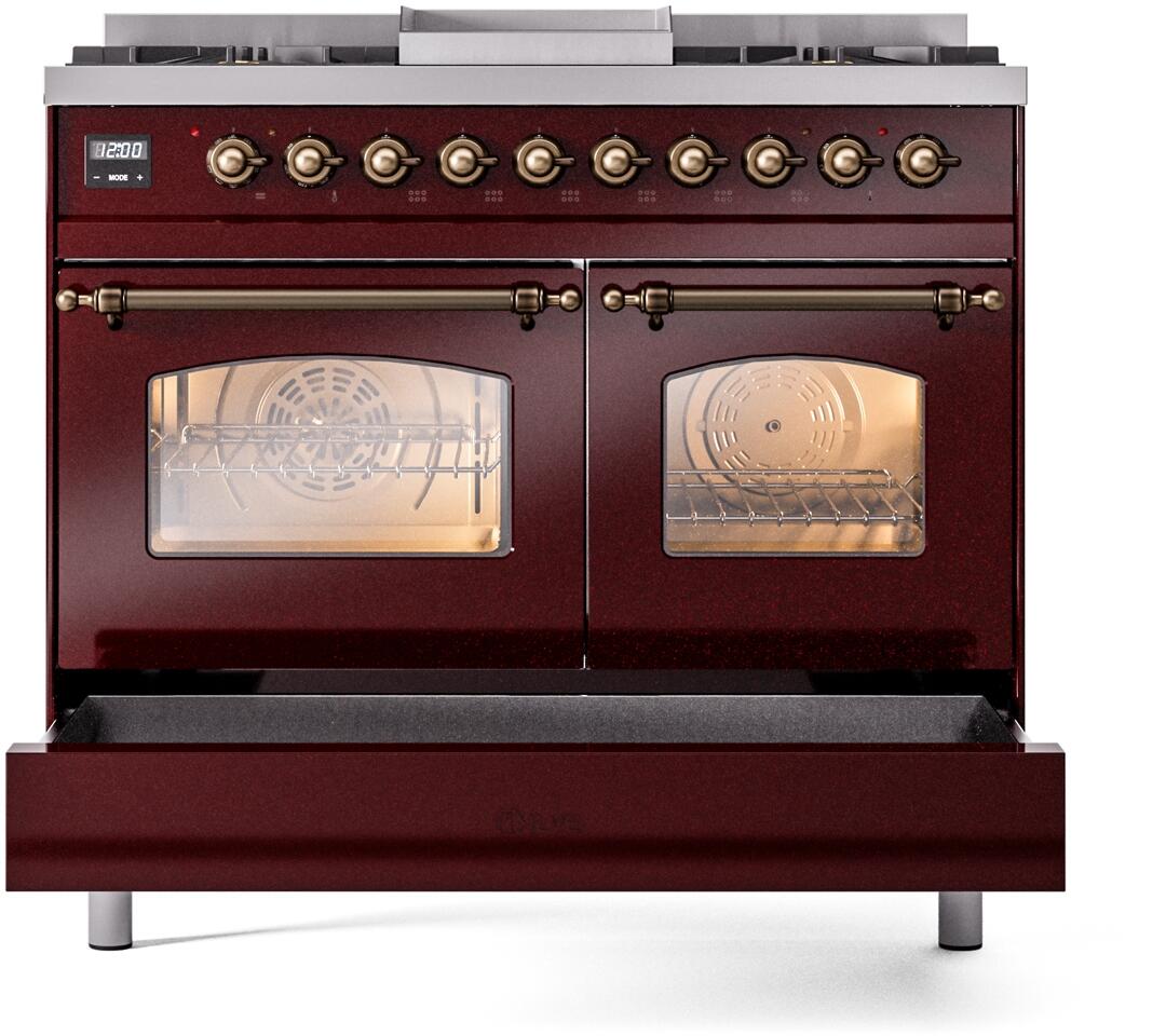 Nostalgie II 40 Inch Dual Fuel Natural Gas Freestanding Range in Burgundy with Bronze Trim