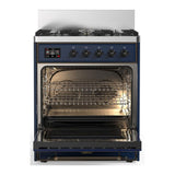 ILVE UM30QNR3MBBLP Majestic III 30 inch Dual Fuel Range with 5 Black Brass Burners, Dual Function Burner up to 25,000 BTU (Liquid Propane, Solid Door, Midnight Blue, Burnished)