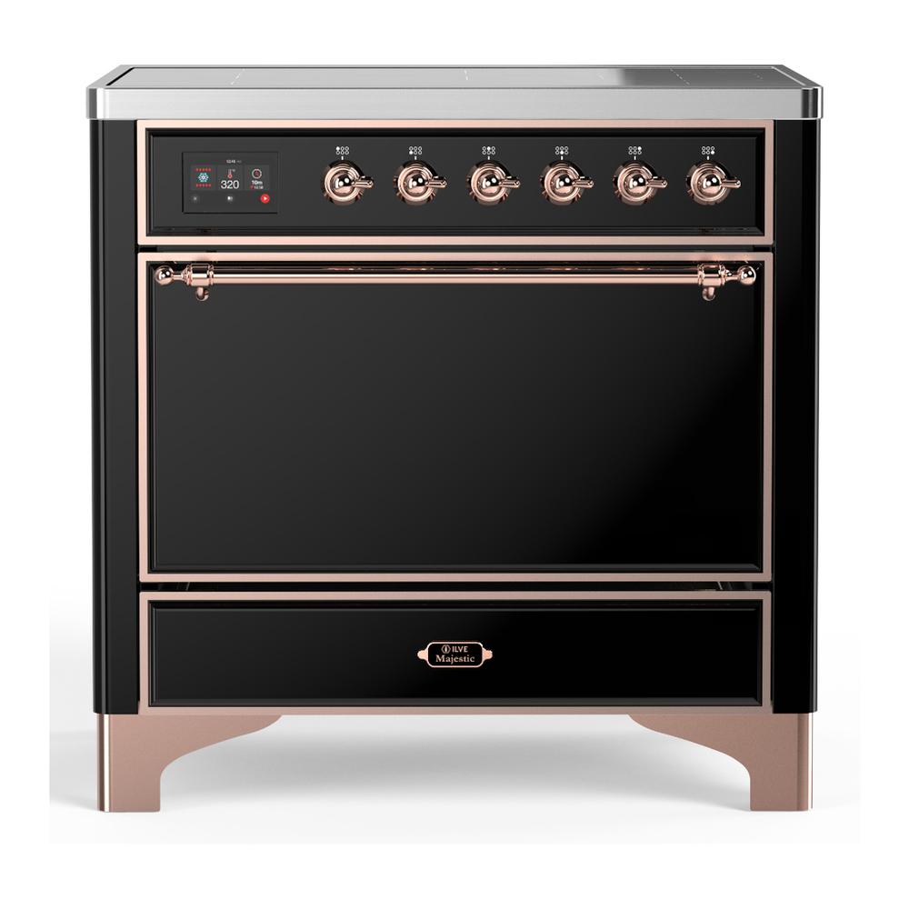 ILVE UMIB36QNR3BKP Majestic III 36 inch Induction Range with 6 Elements, 3.5 cu. ft. Total Oven Capacity (Solid Door, Glossy Black, Copper)
