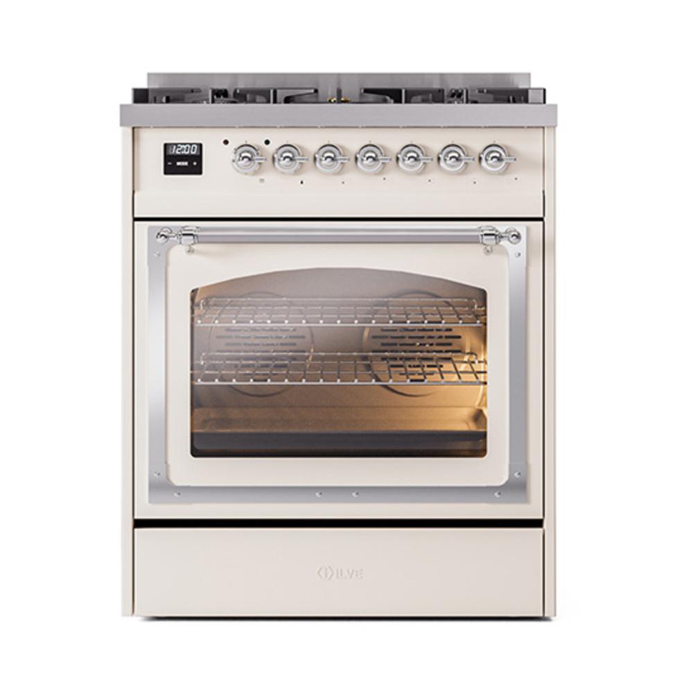 ILVE UN30NMPAWC Nostalgie II Noblesse 30 inch Dual Fuel Range (Natural Gas, Triple Glass Door, Antique White, Chrome)