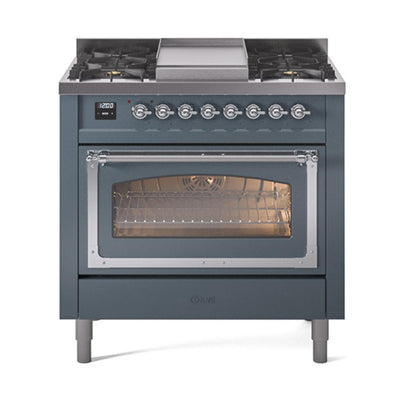 ILVE UN36FNMPBGC Nostalgie II Noblesse 36 inch Dual Fuel Range (Natural Gas, Triple Glass Door, Blue Grey, Chrome)