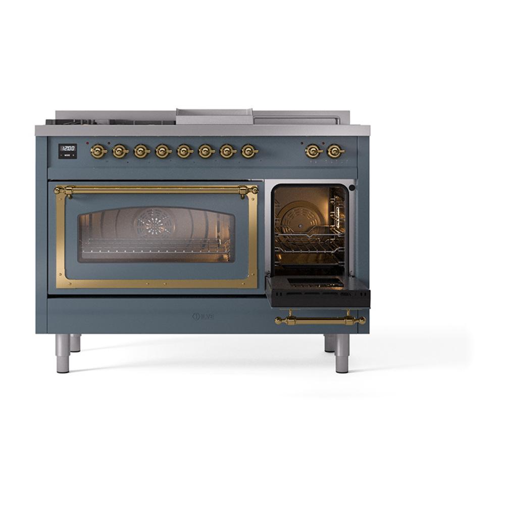 ILVE UN48FSNMPBGGLP Nostalgie II Noblesse 48 inch Dual Fuel Range (5 Sealed Burners + Griddle + French Top, Liquid Propane, Triple Glass Door, Blue Grey, Brass)
