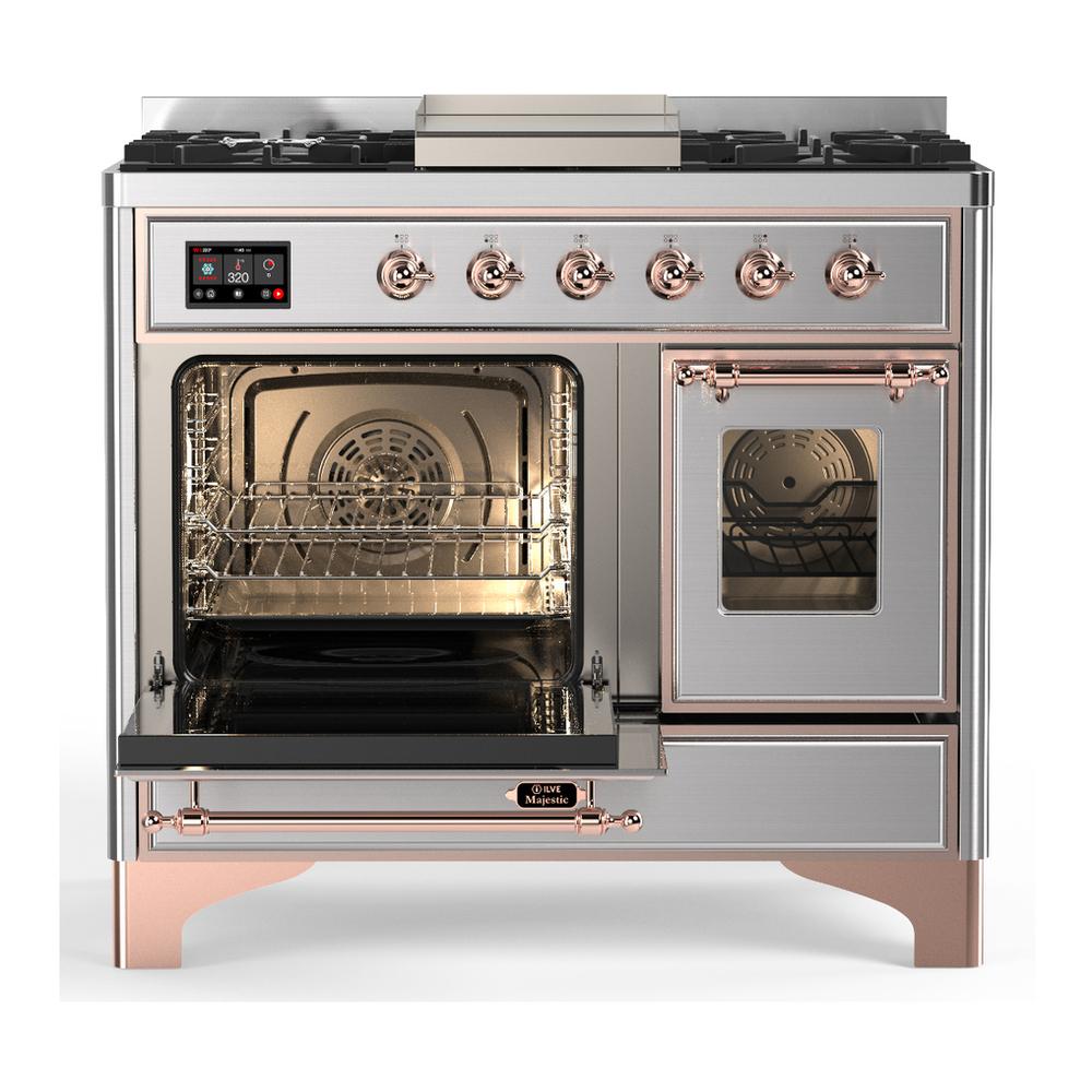 ILVE UMD40FNR3SSP Majestic III 40 inch Dual Fuel Range with 6 Burners and Griddle, Dual Function Burner up to 25,000 BTU (Natural Gas, Triple Glass Door, Stainless Steel, Copper)
