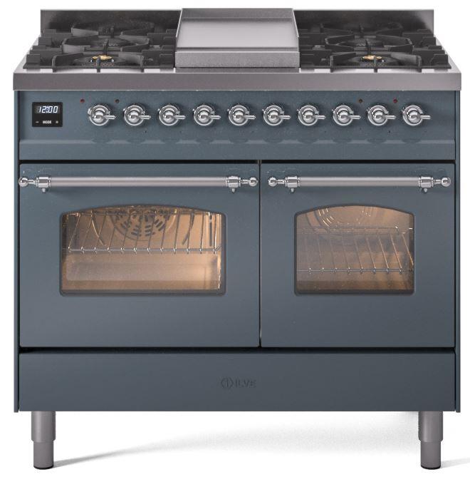 Nostalgie II 40 Inch Dual Fuel Liquid Propane Freestanding Range in Blue Grey with Chrome Trim