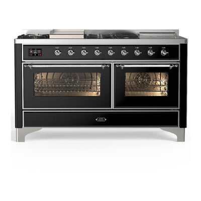 ILVE UM60FSNR3BKC Majestic III 60 inch Dual Fuel Range with 7 Burners, Griddle and French Top, Dual Function Burner with up to 25,000 BTU (Natural Gas, Triple Glass Door, Glossy Black, Chrome)