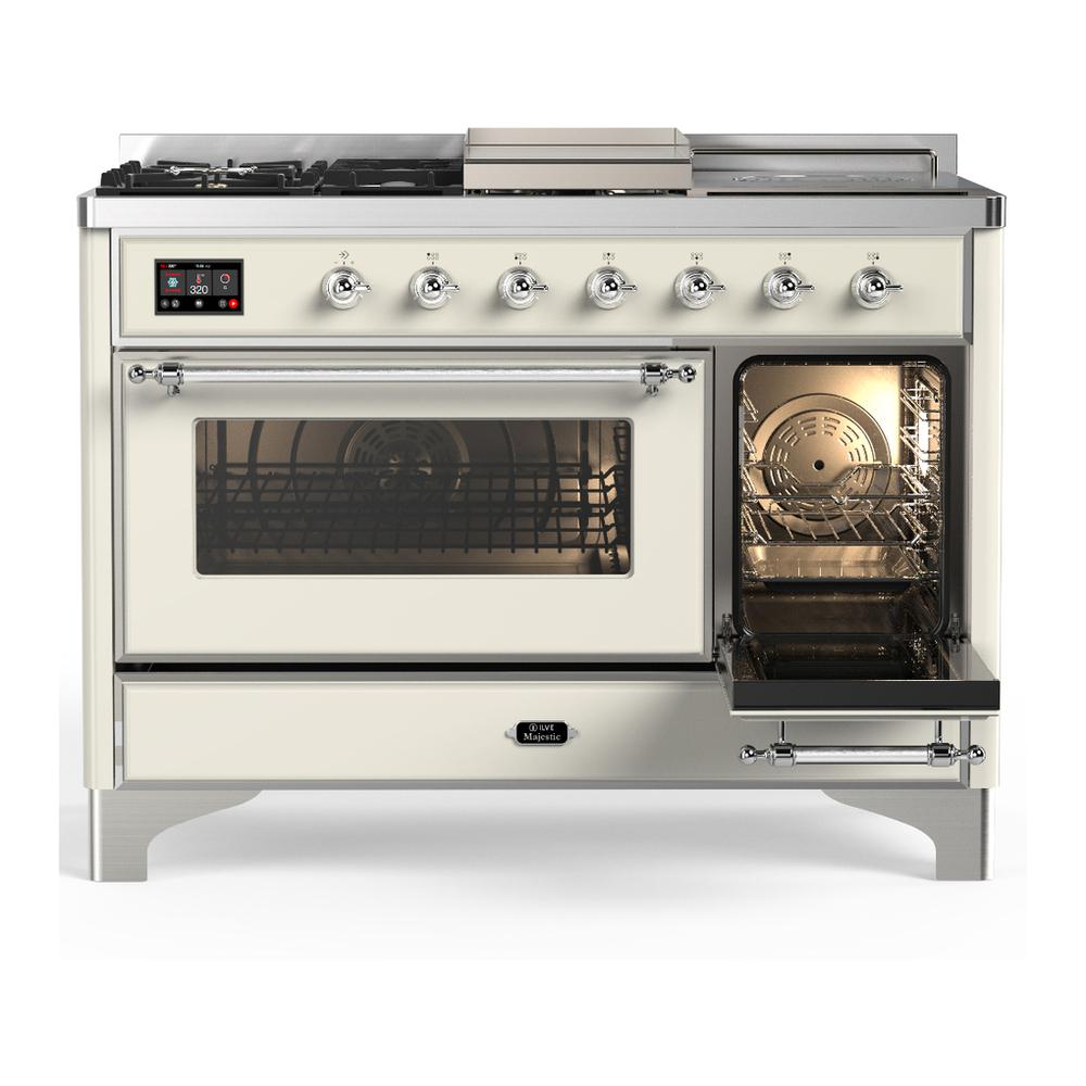 ILVE UM48FSNR3AWCLP Majestic III 48 inch Dual Fuel Range with 5 Black Brass Burners, Griddle and French Top, Dual Function Burner up to 25,000 BTU (Liquid Propane, Triple Glass Door, Antique White, Chrome)
