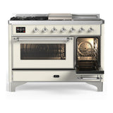 ILVE UM48FSNR3AWCLP Majestic III 48 inch Dual Fuel Range with 5 Black Brass Burners, Griddle and French Top, Dual Function Burner up to 25,000 BTU (Liquid Propane, Triple Glass Door, Antique White, Chrome)