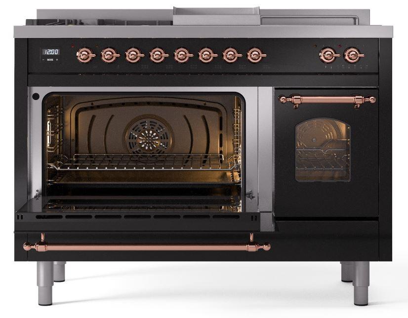 Nostalgie II 48 Inch Dual Fuel Liquid Propane Freestanding Range in Glossy Black with Copper Trim