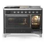 ILVE UM48FSNR3MGC Majestic III 48 inch Dual Fuel Range with 5 Black Brass Burners, Griddle and French Top, Dual Function Burner up to 25,000 BTU (Natural Gas, Triple Glass Door, Graphite Matte, Chrome)