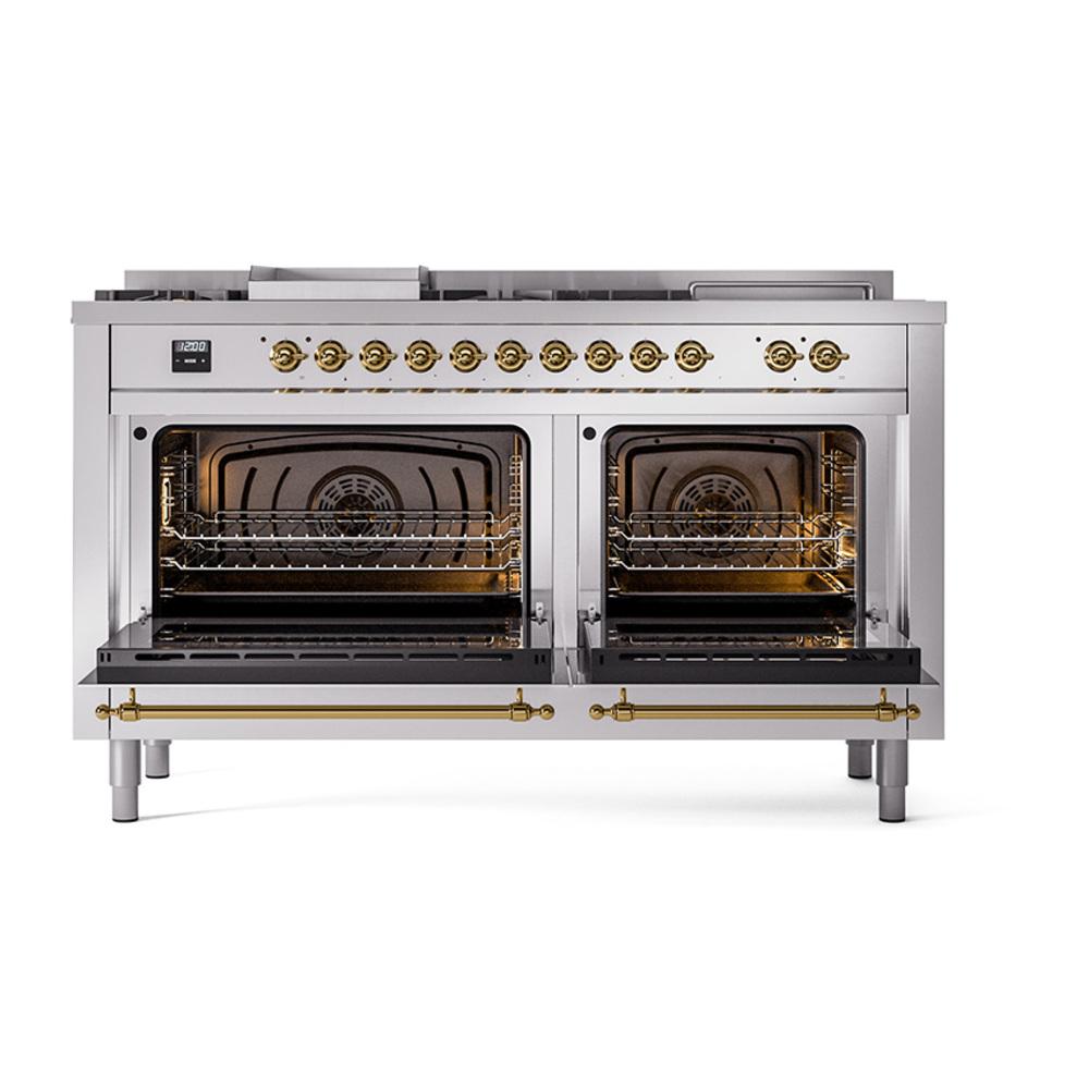 ILVE UN60FSQNMPSSG Nostalgie II Noblesse 60 inch Dual Fuel Range (7 Sealed Burners + Griddle + French Top, Natural Gas, Solid Door, Stainless Steel, Brass)