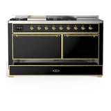 ILVE UM60FSQNR3BKGLP Majestic III 60 inch Dual Fuel Range with 7 Burners, Griddle and French Top, Dual Function Burner with up to 25,000 BTU (Liquid Propane, Solid Door, Glossy Black, Brass)