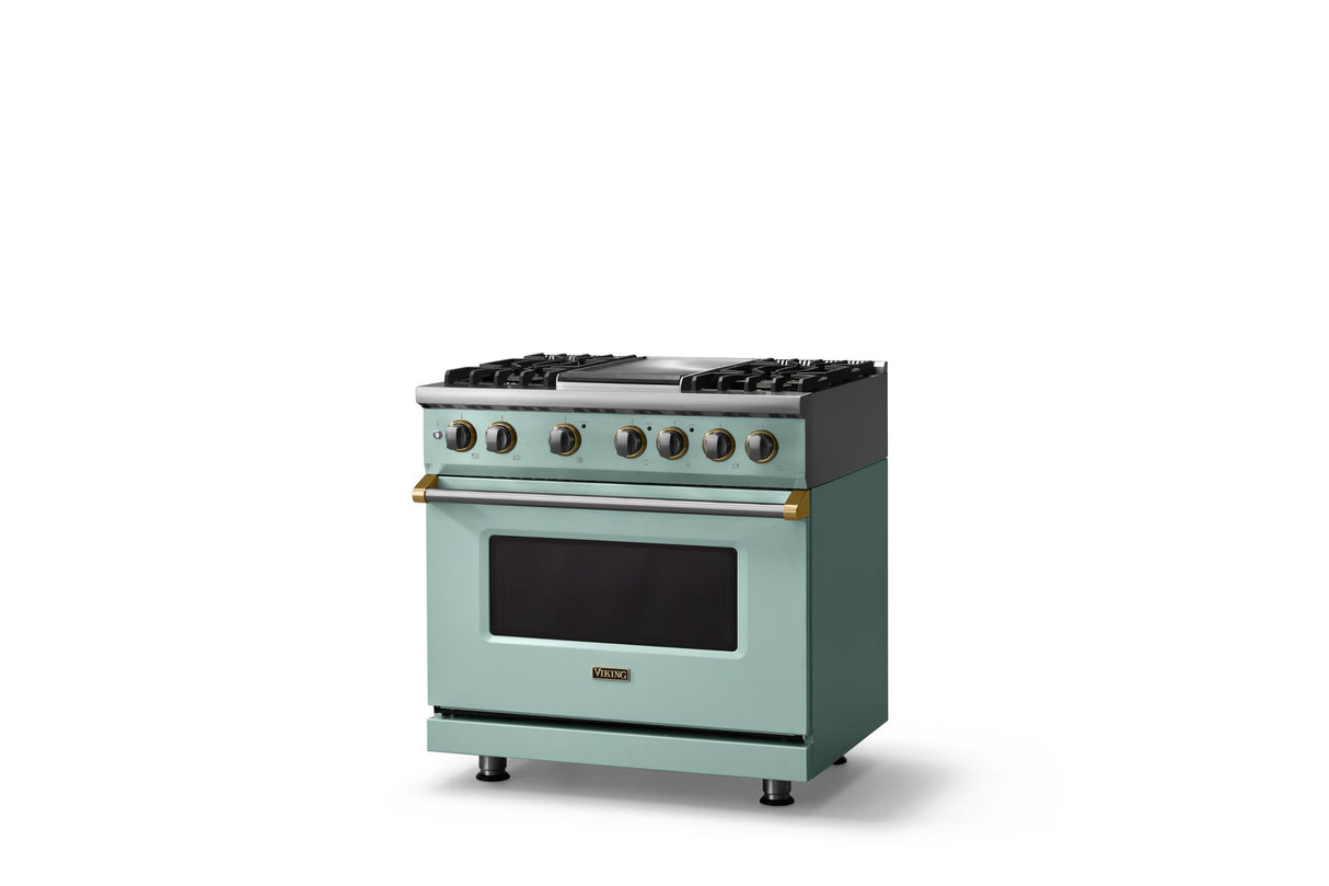 36"W. Dual Fuel Range (Burner: 4g, Finish: Splash, Trim: Brushed Brass, Fuel: Propane)