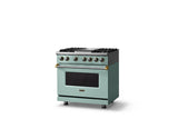 36"W. Dual Fuel Range (Burner: 4g, Finish: Splash, Trim: Polished Chrome, Fuel: Propane)