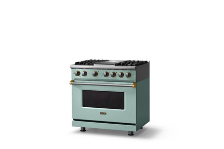 36"W. Dual Fuel Range (Burner: 4g, Finish: Splash, Trim: Polished Chrome, Fuel: Propane)