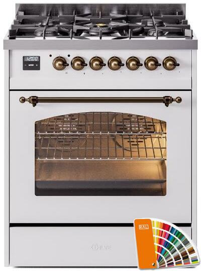 Nostalgie II 30 Inch Dual Fuel Natural Gas Freestanding Range in RAL Custom Color with Bronze Trim