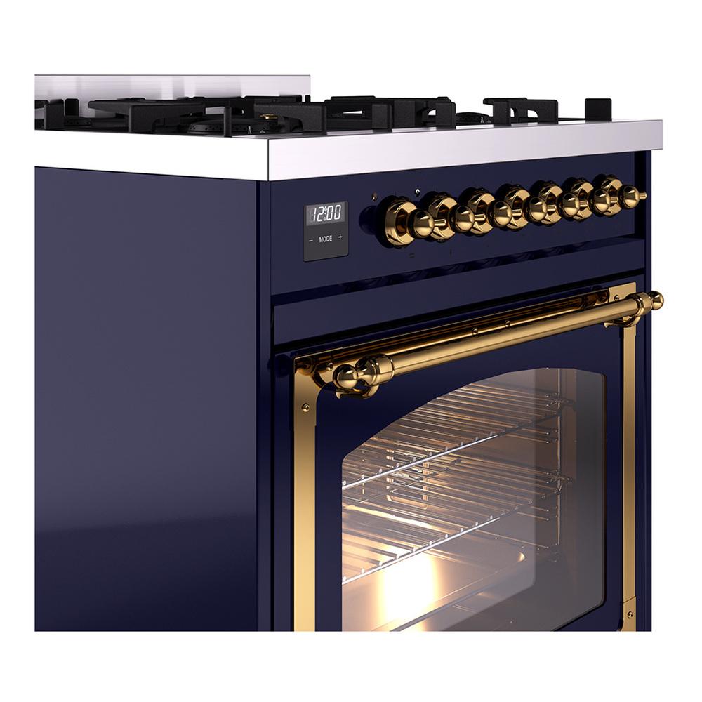 ILVE UN30NMPMBGLP Nostalgie II Noblesse 30 inch Dual Fuel Range (Liquid Propane, Triple Glass Door, Midnight Blue, Brass)