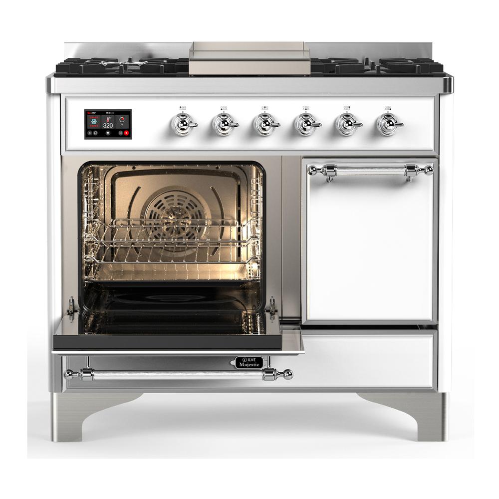 ILVE UMD40FQNR3WHCLP Majestic III 40 inch Dual Fuel Range with 6 Burners and Griddle, Dual Function Burner up to 25,000 BTU (Liquid Propane, Solid Door, White, Chrome)