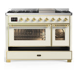 ILVE UM48FNR3AWGLP Majestic III 48 inch Dual Fuel Range with 8 Burners and Griddle, Dual Function Burner up to 25,000 BTU (Liquid Propane, Triple Glass Door, Antique White, Brass)