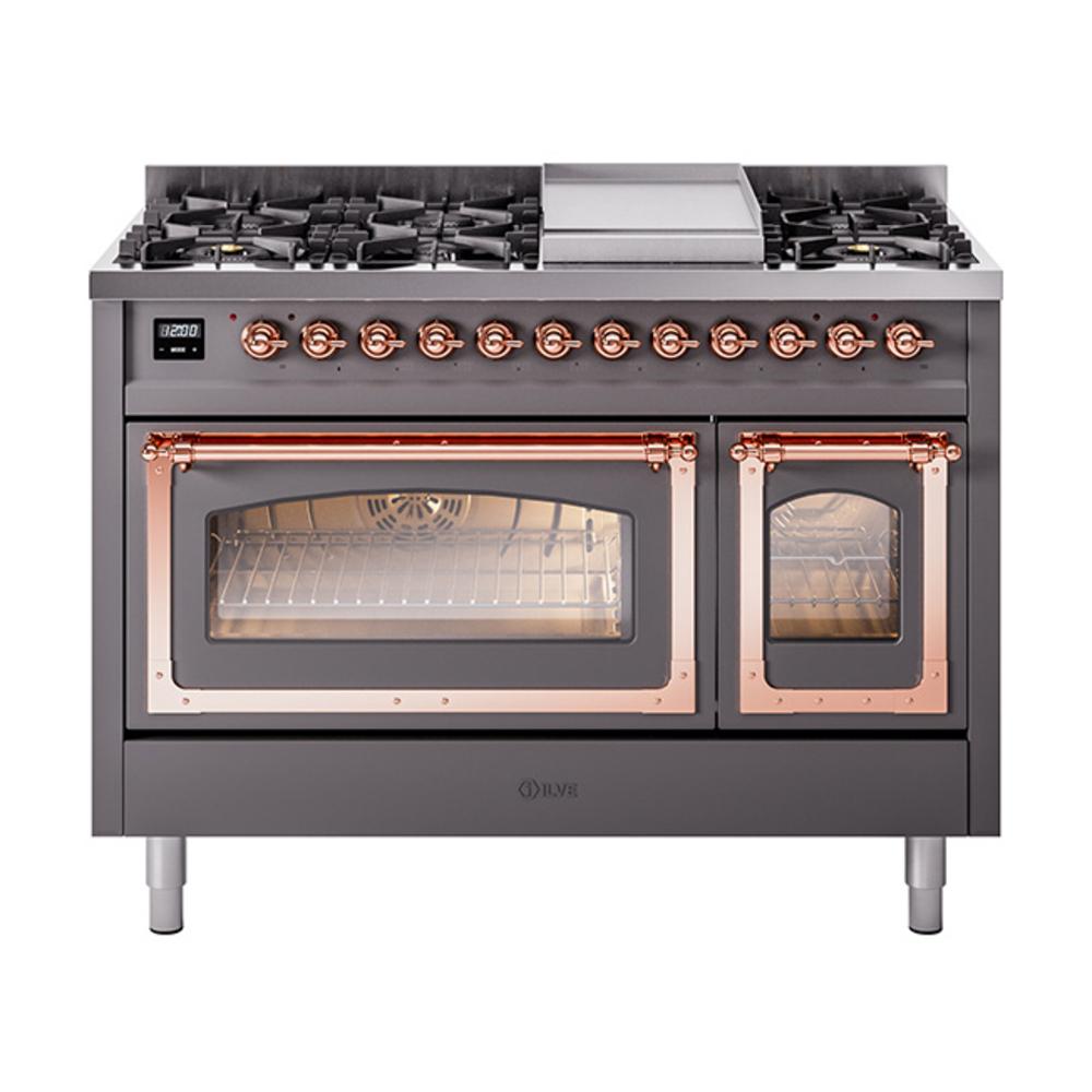ILVE UN48FNMPMGPLP Nostalgie II Noblesse 48 inch Dual Fuel Range (8 Sealed Burners + Griddle, Liquid Propane, Triple Glass Door, Graphite Matte, Copper)