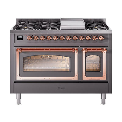 ILVE UN48FNMPMGPLP Nostalgie II Noblesse 48 inch Dual Fuel Range (8 Sealed Burners + Griddle, Liquid Propane, Triple Glass Door, Graphite Matte, Copper)