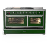 ILVE UM60FSNR3EGCLP Majestic III 60 inch Dual Fuel Range with 7 Burners, Griddle and French Top, Dual Function Burner with up to 25,000 BTU (Liquid Propane, Triple Glass Door, Emerald Green, Chrome)