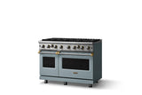 48"W. Open Burner Gas Range (Finish: November Sky, Trim: Brushed Brass, Fuel: Natural Gas)