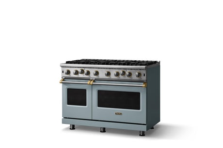 48"W. Open Burner Gas Range (Finish: November Sky, Trim: Brushed Brass, Fuel: Natural Gas)