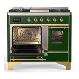 ILVE UMD40FNR3EGG Majestic III 40 inch Dual Fuel Range with 6 Burners and Griddle, Dual Function Burner up to 25,000 BTU (Natural Gas, Triple Glass Door, Emerald Green, Brass)