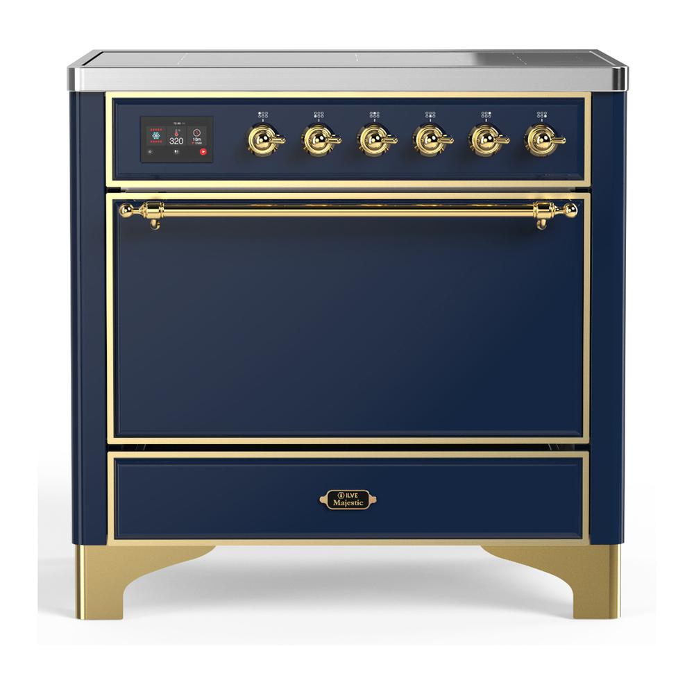 ILVE UMIB36QNR3MBG Majestic III 36 inch Induction Range with 6 Elements, 3.5 cu. ft. Total Oven Capacity (Solid Door, Midnight Blue, Brass)